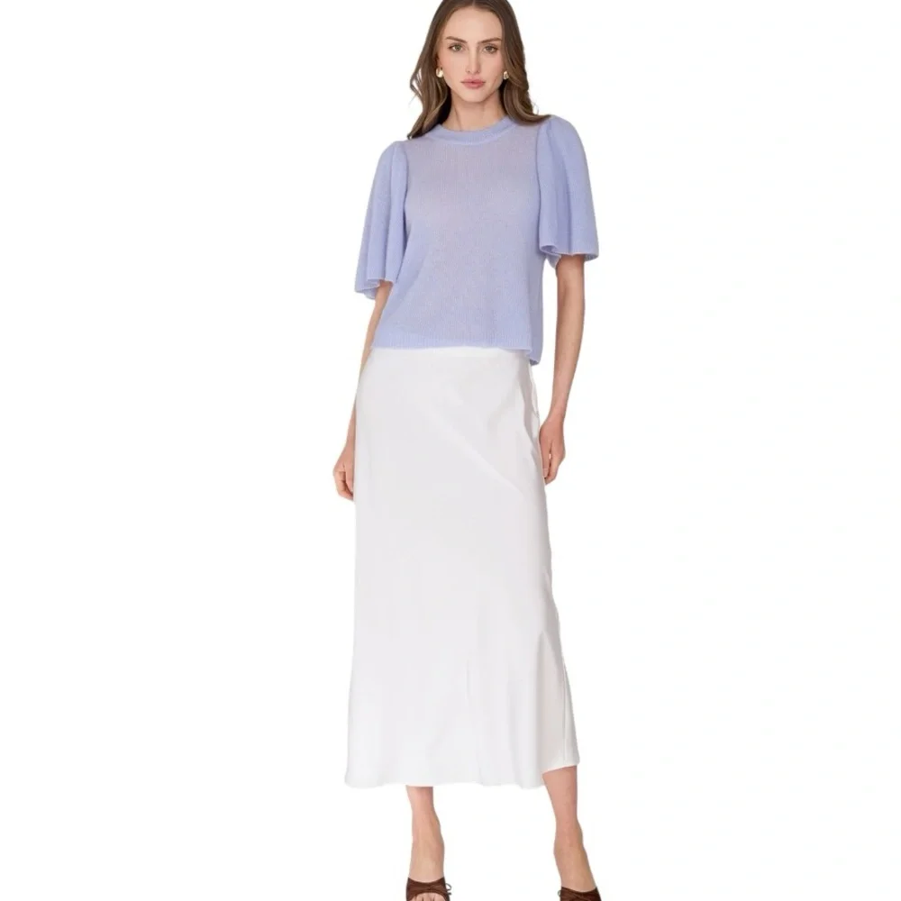 Autumn Cashmere Shaker Flare Sleeve Crewneck Cropped Sweater in Blue Blossom - M
